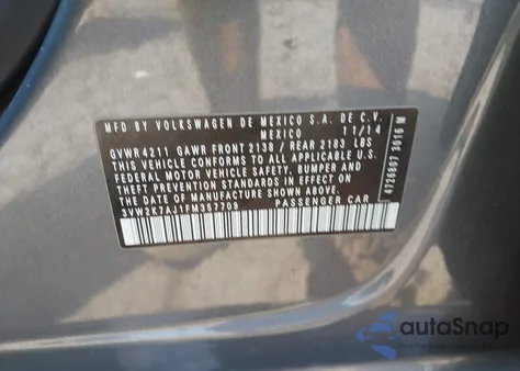 2015 Volkswagen Jetta 2.0L S из США, поврежденный, VIN 3VW2K7AJ1FM357709